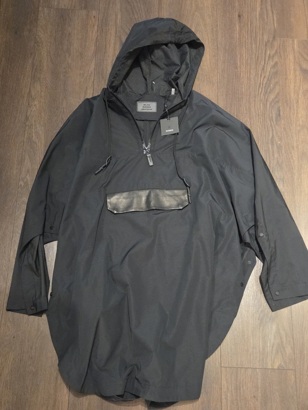 RUDSAK Black Hooded Poncho with Front Pocket Rain Cape Windbreaker Oversized